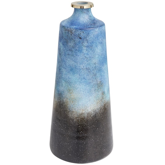 20" Blue Glass Galaxy Inspired Abstract Vase with Gold Top
